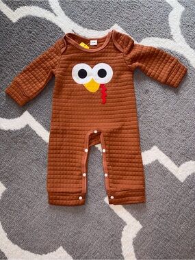 Quilted Brown Baby One-Piece Footie with Playful Turkey Applique